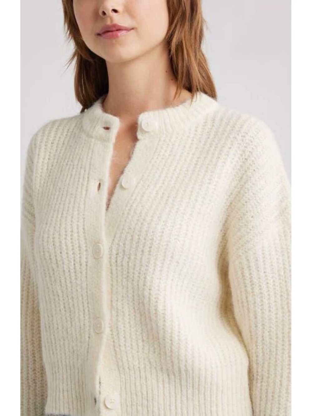 Nordstrom Open Edit Fuzzy Crewneck Cardigan in Ivory Size Small - Picture 7 of 7